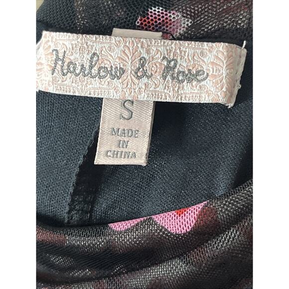 Harlow & Rose Mesh Sheath Midi Dress Small Black Floral Sheer Long Sleeve 90s - Picture 9 of 11